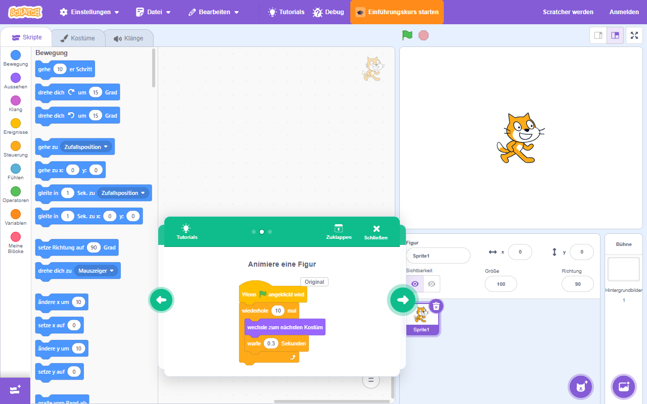 Scratch-Tutorial „Animiere eine Figur“ mit deutschen Blöcken